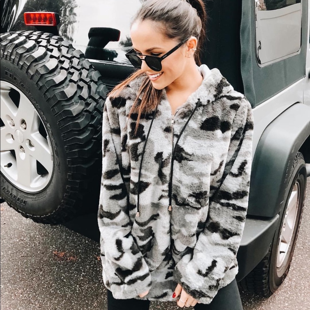 Black and White Camo Zip-Up Sherpa Jacket